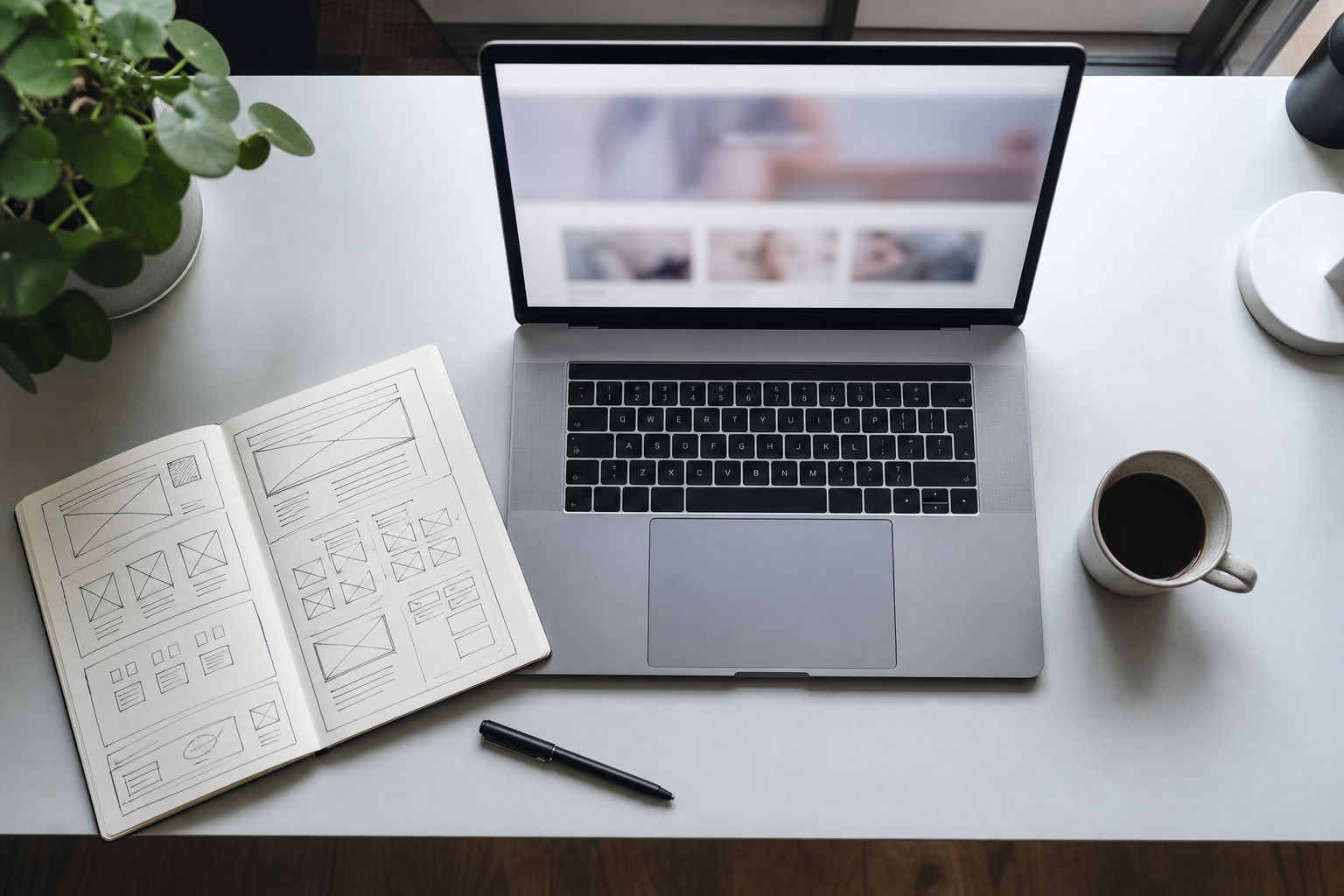 Bureau avec un ordinateur portable et un croquis de structure de site web